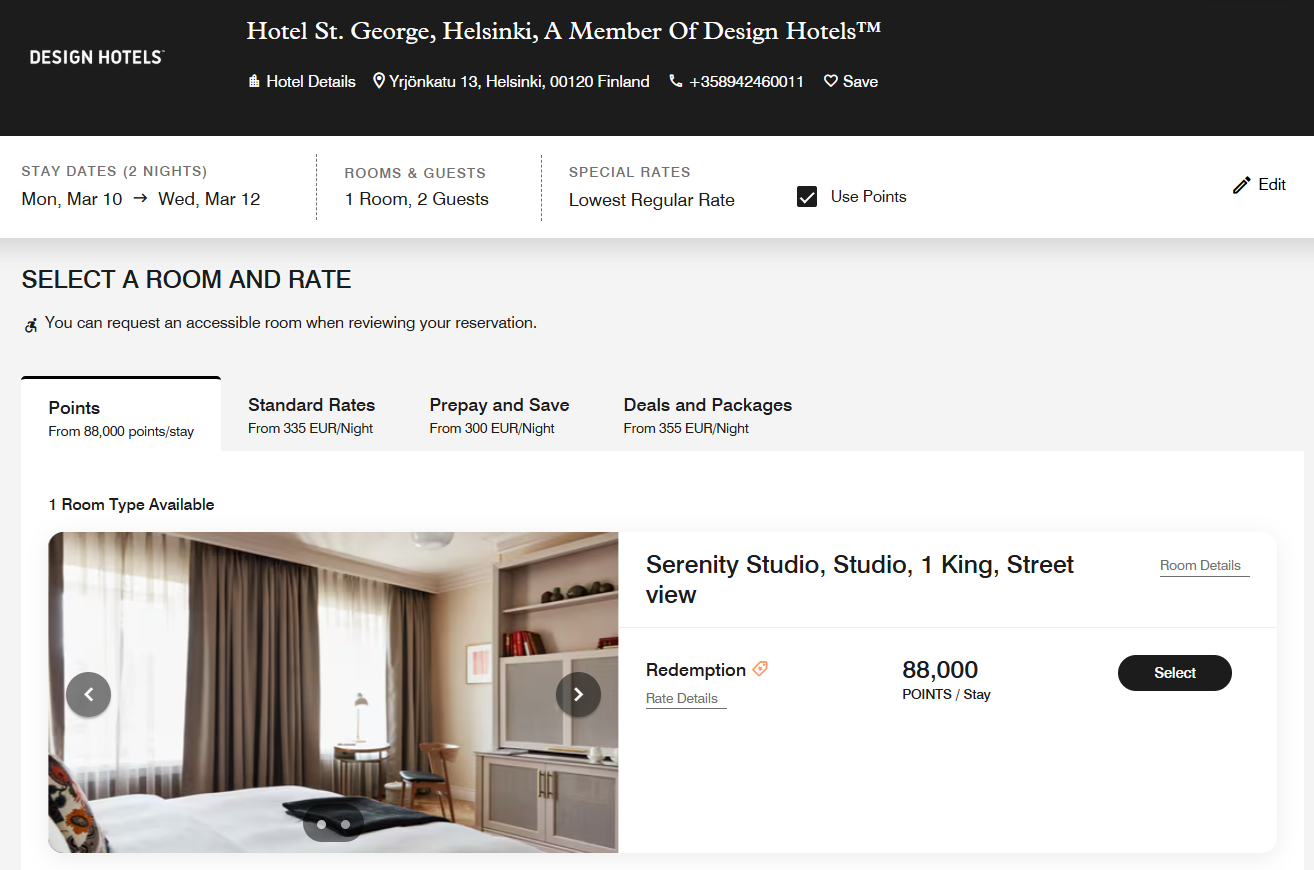 Hotel St George points rate Hotel St George points rate
