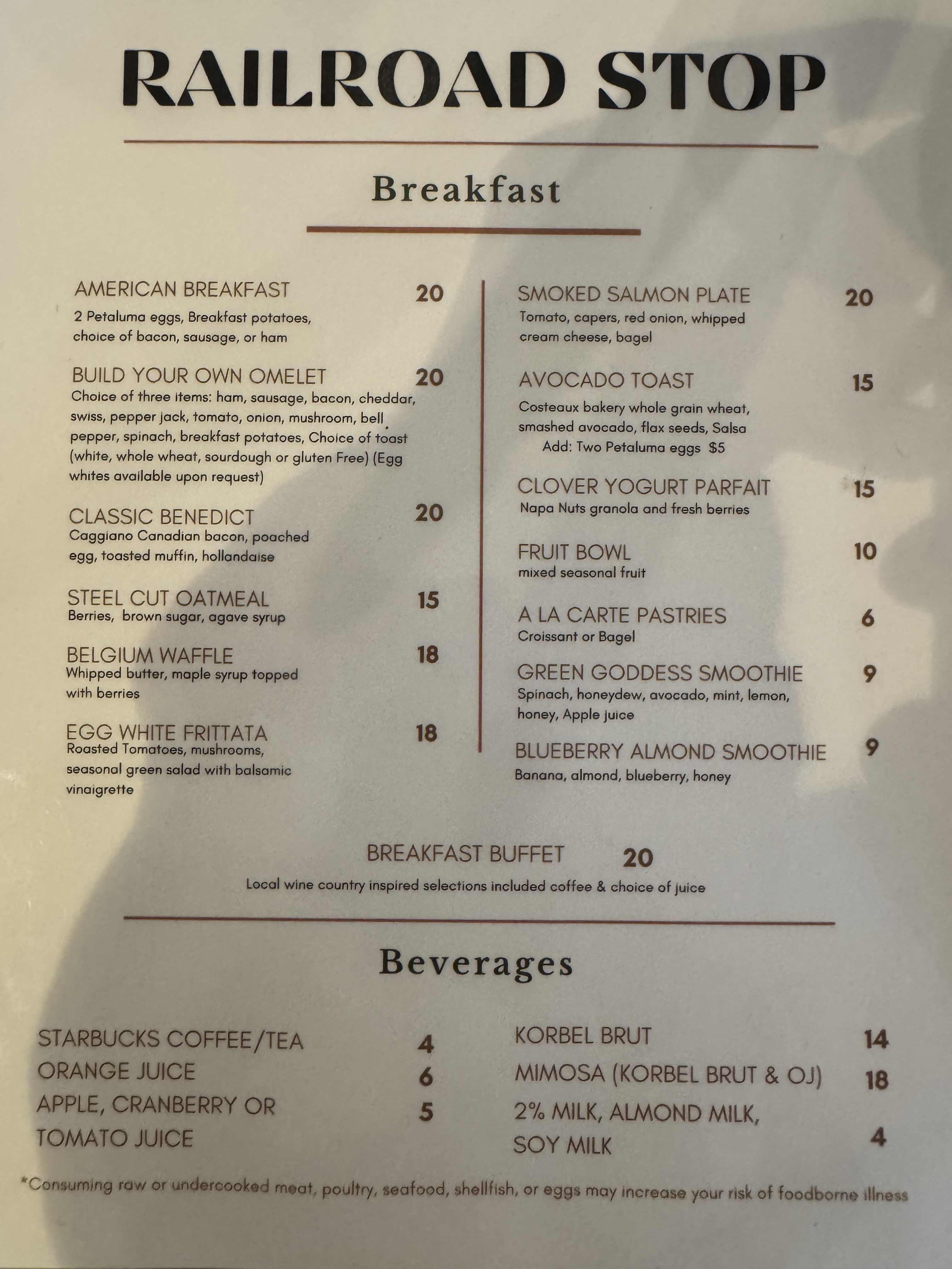 Hyatt Regency Sonoma Wine Country Sonoma Suite Railroad Stop menu