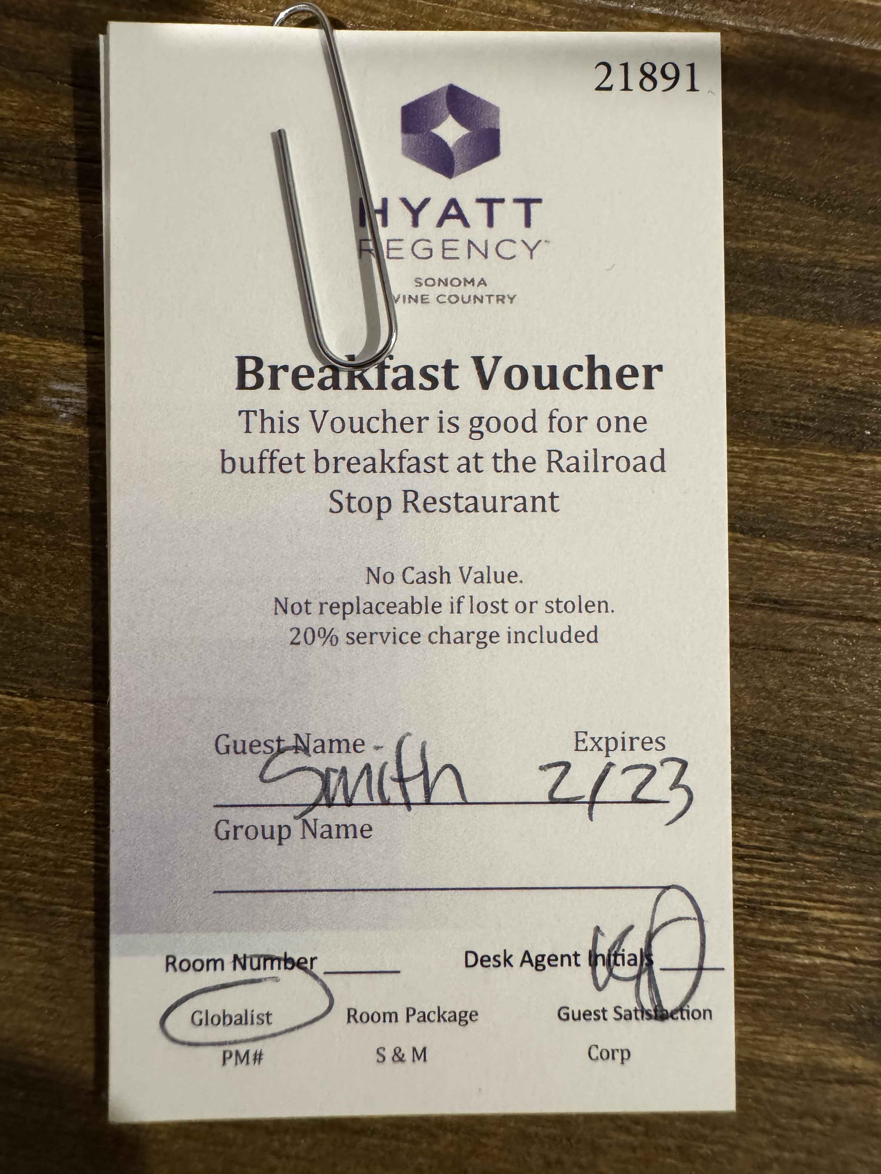 Hyatt Regency Sonoma Wine Country breakfast voucher