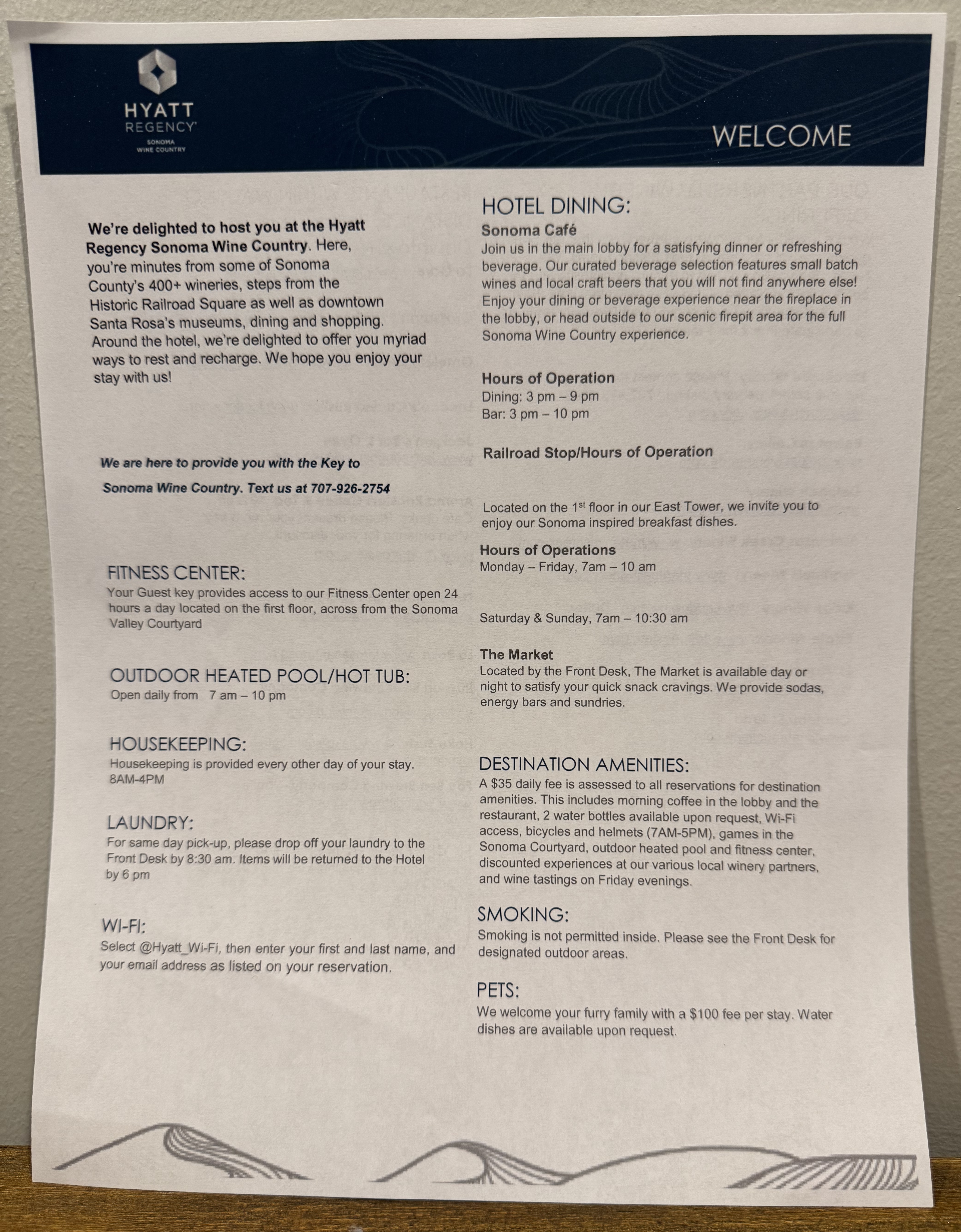 Hyatt Regency Sonoma Wine Country welcome letter