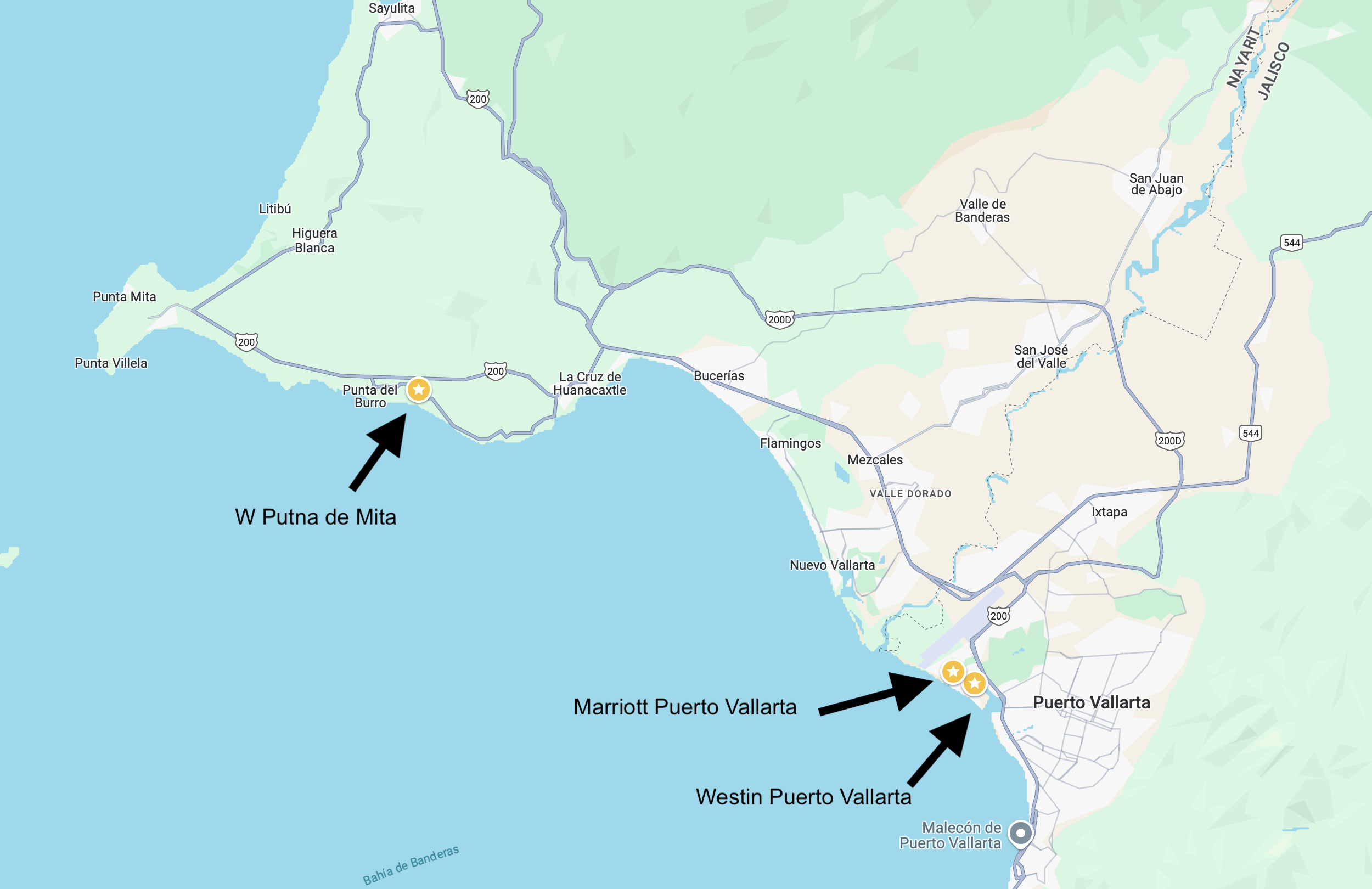 Location of 3 Marriott resorts in Puerto Vallarta