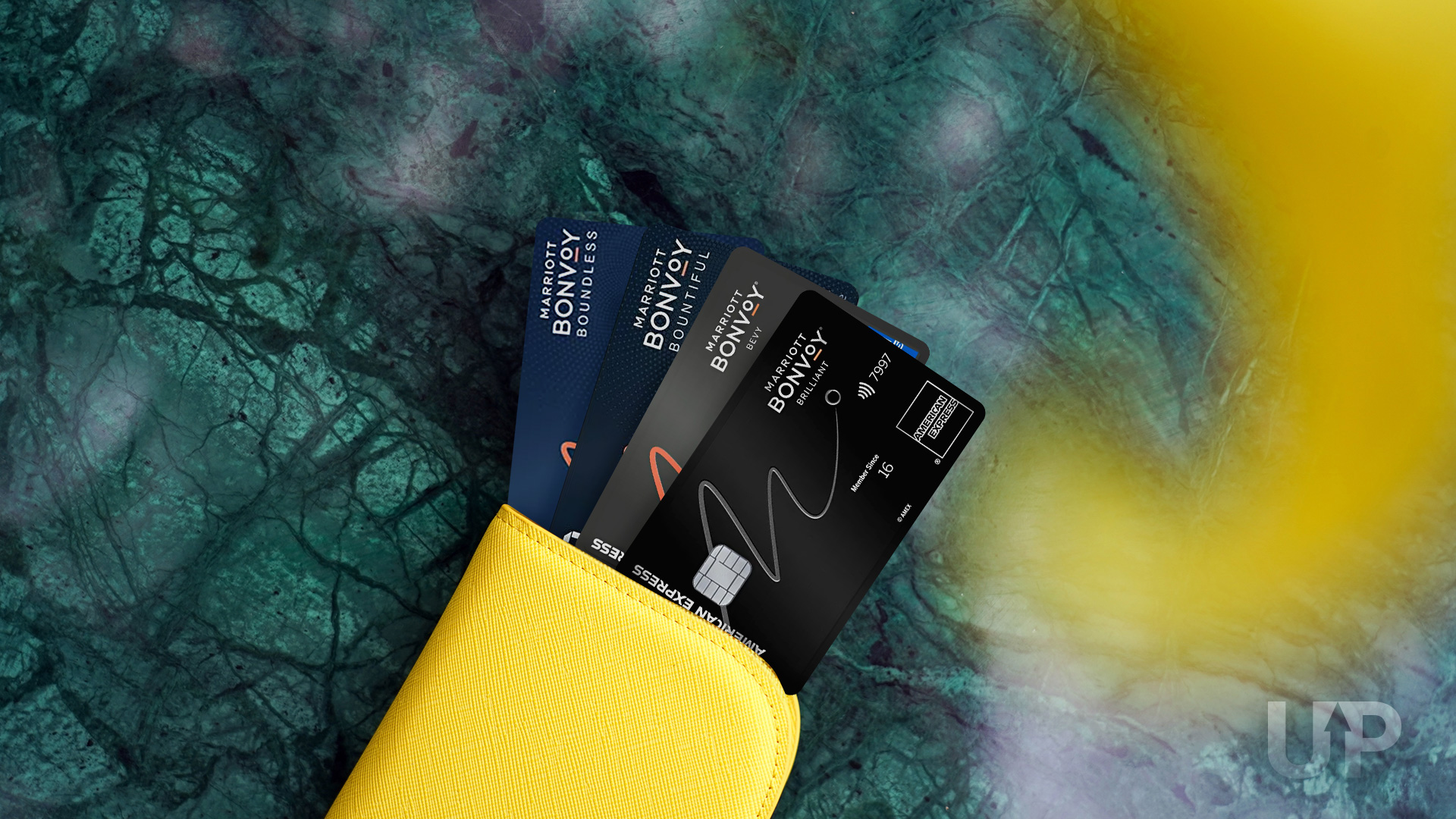 Marriott Credit Cards in a Yellow Wallet 