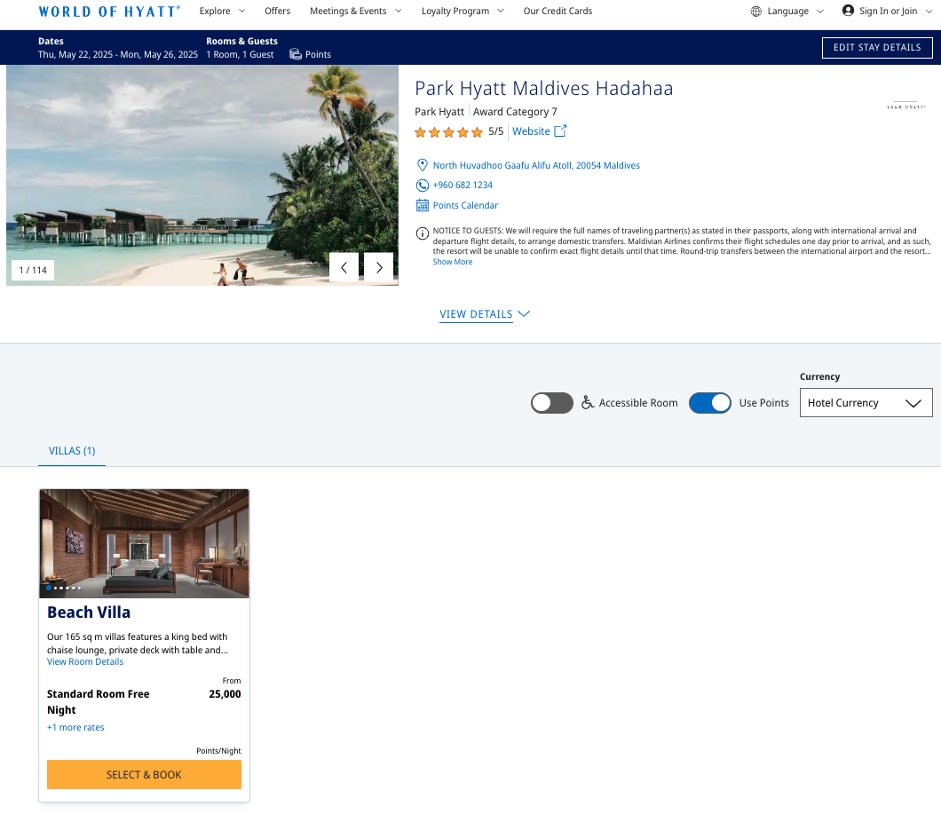 Park Hyatt points cost Park Hyatt Maldives points cost