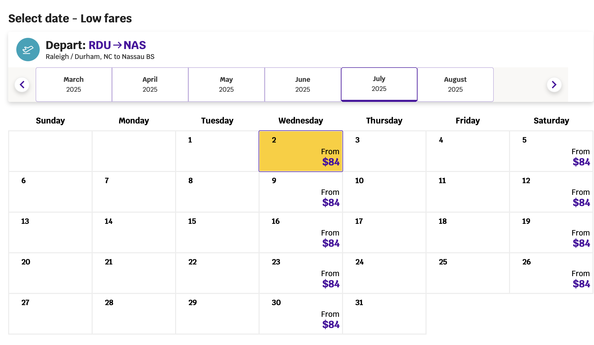 RDU to NAS price calendar for Avelo Airlines