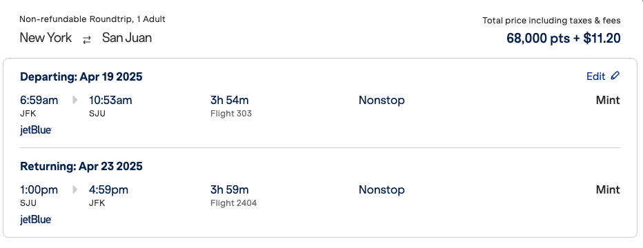 RT JetBlue Mint Fare JFK SJU