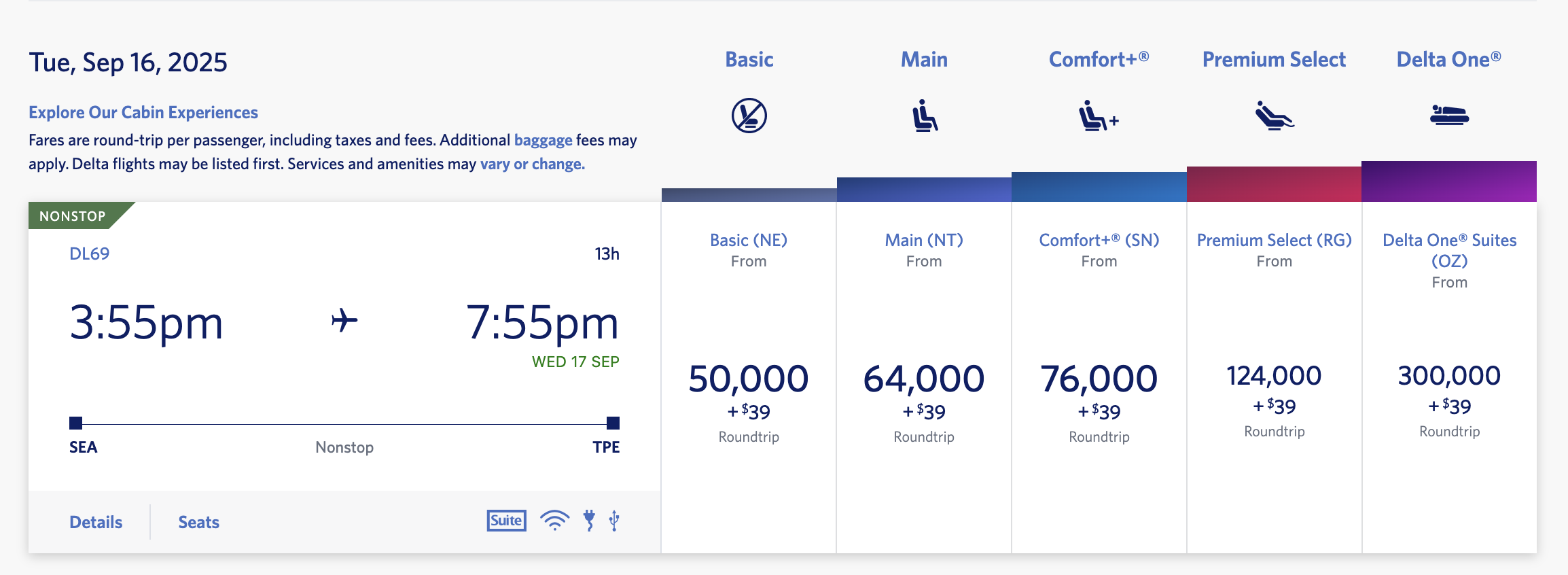 SEA to TPE SkyMiles pricing