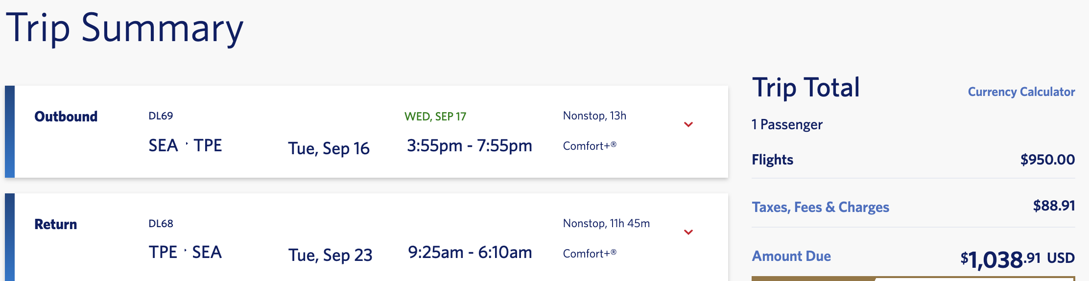 SEA to TPE in comfort+ price