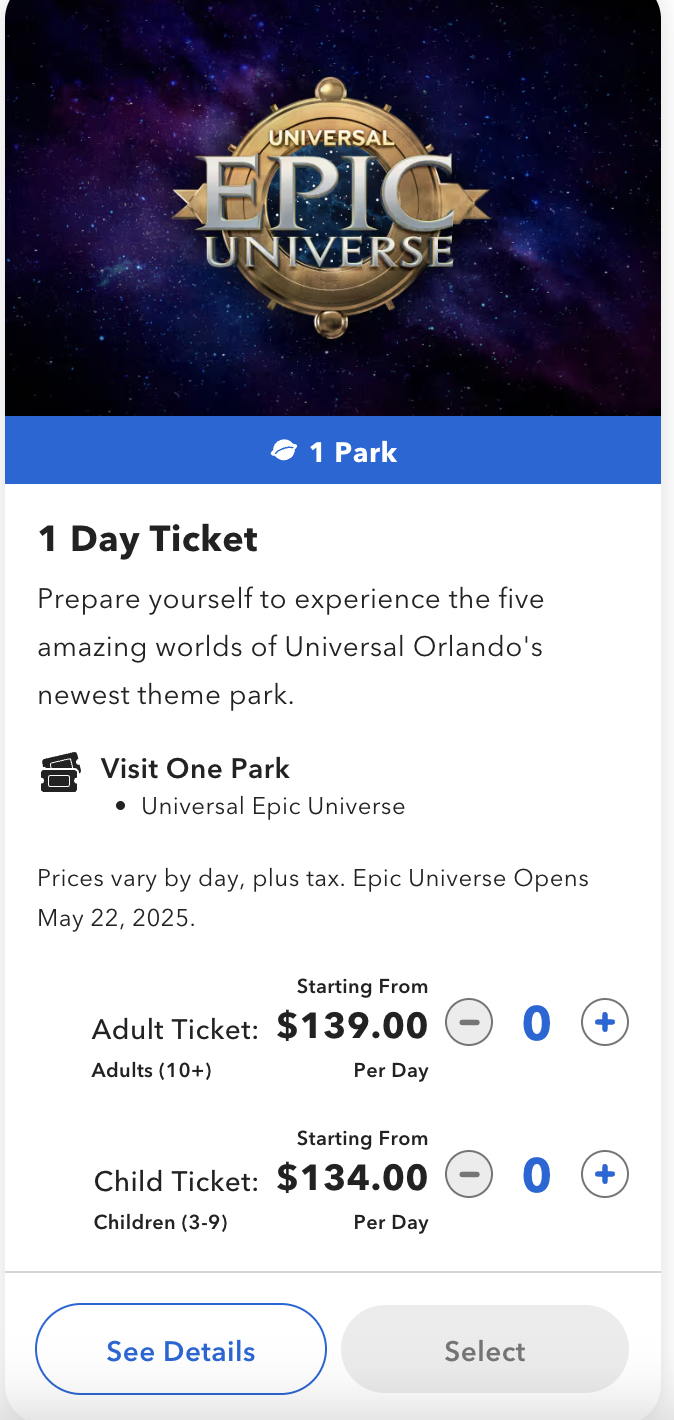 Universal Epic Universe 1-day pass prices