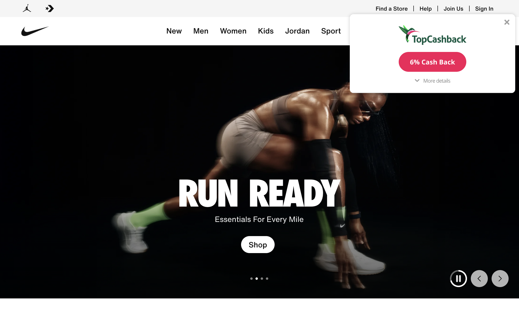 The TopCashBack Browser Extension on Nikes Website