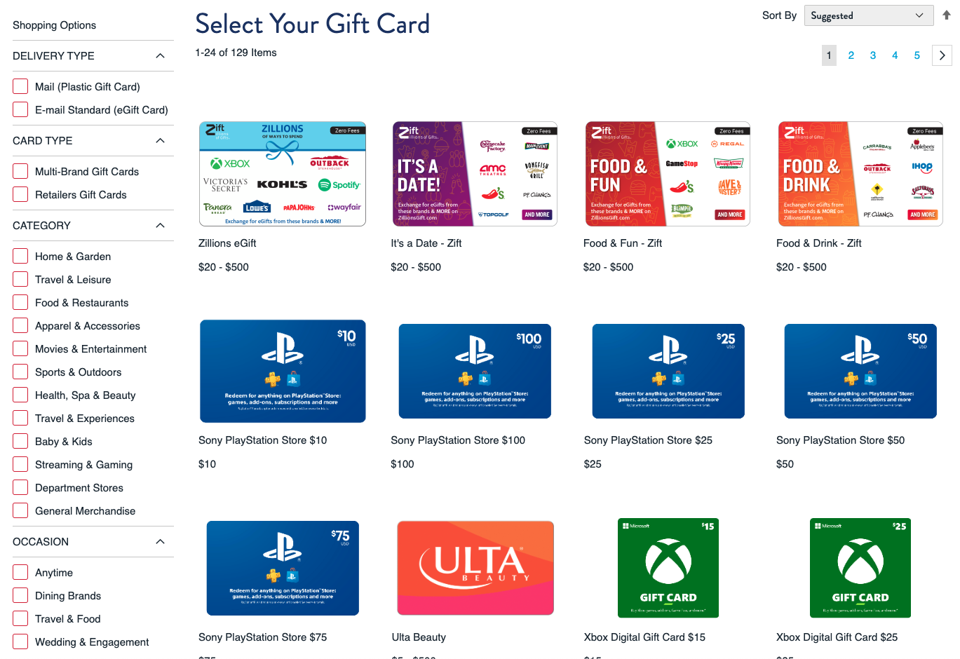 US Bank gift card shop with filters