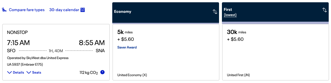 United MileagePlus redemption 5k SFO SNA United MileagePlus redemption 5k SFO SNA