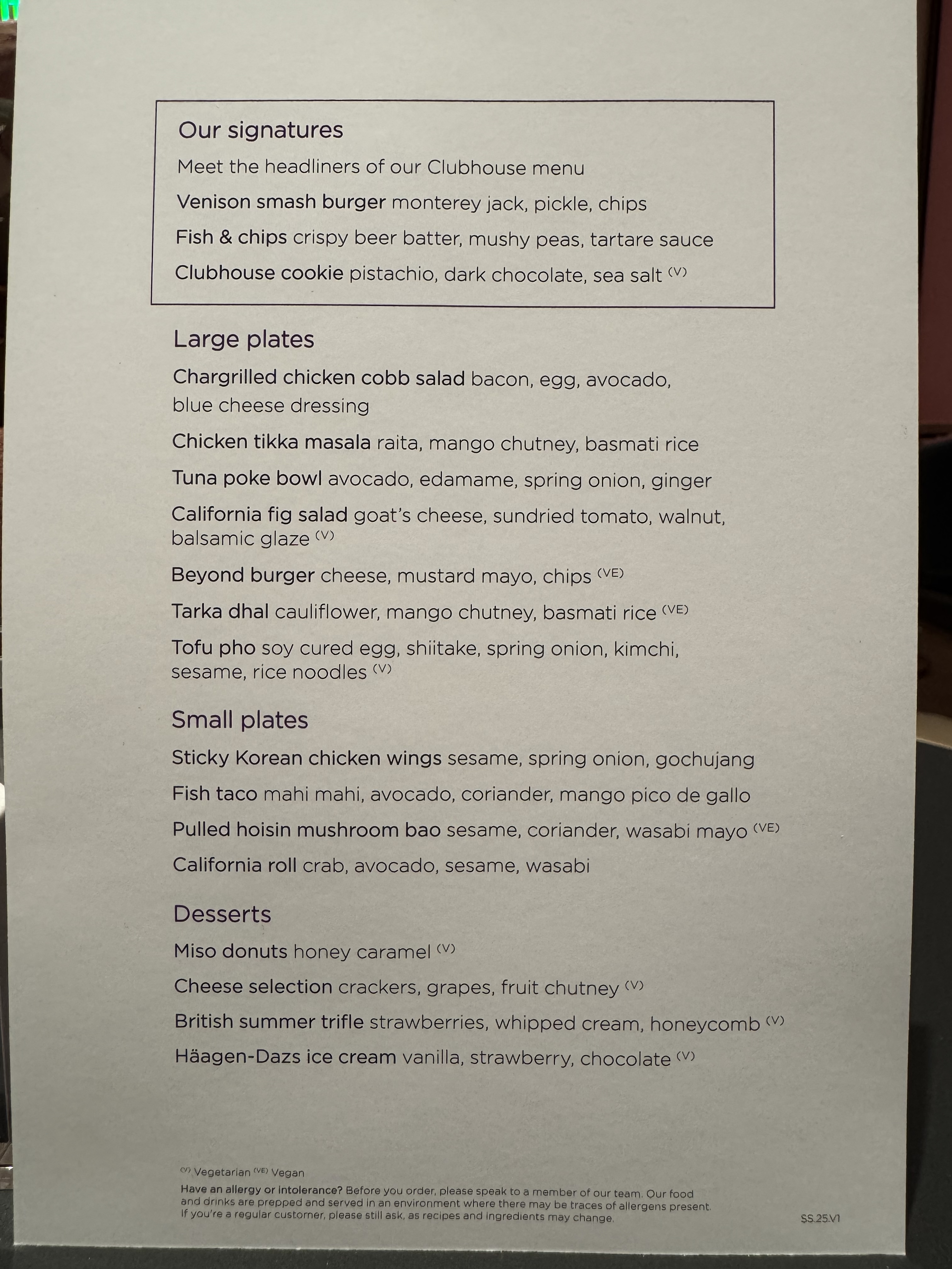 Virgin Atlantic Clubhouse LAX menu Virgin Atlantic Clubhouse LAX menu