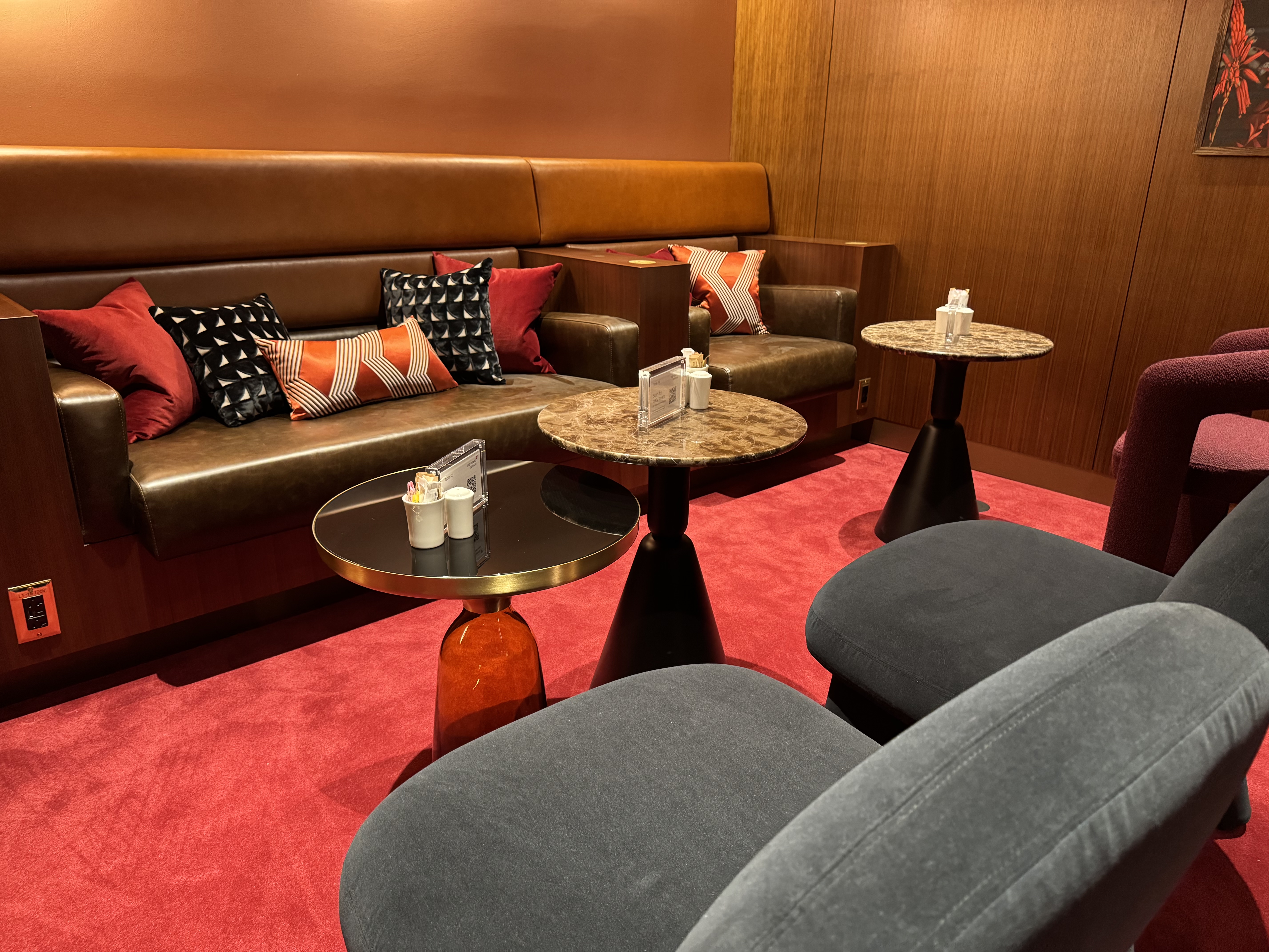 Virgin Atlantic Clubhouse LAX ruby room benches Virgin Atlantic Clubhouse LAX ruby room benches