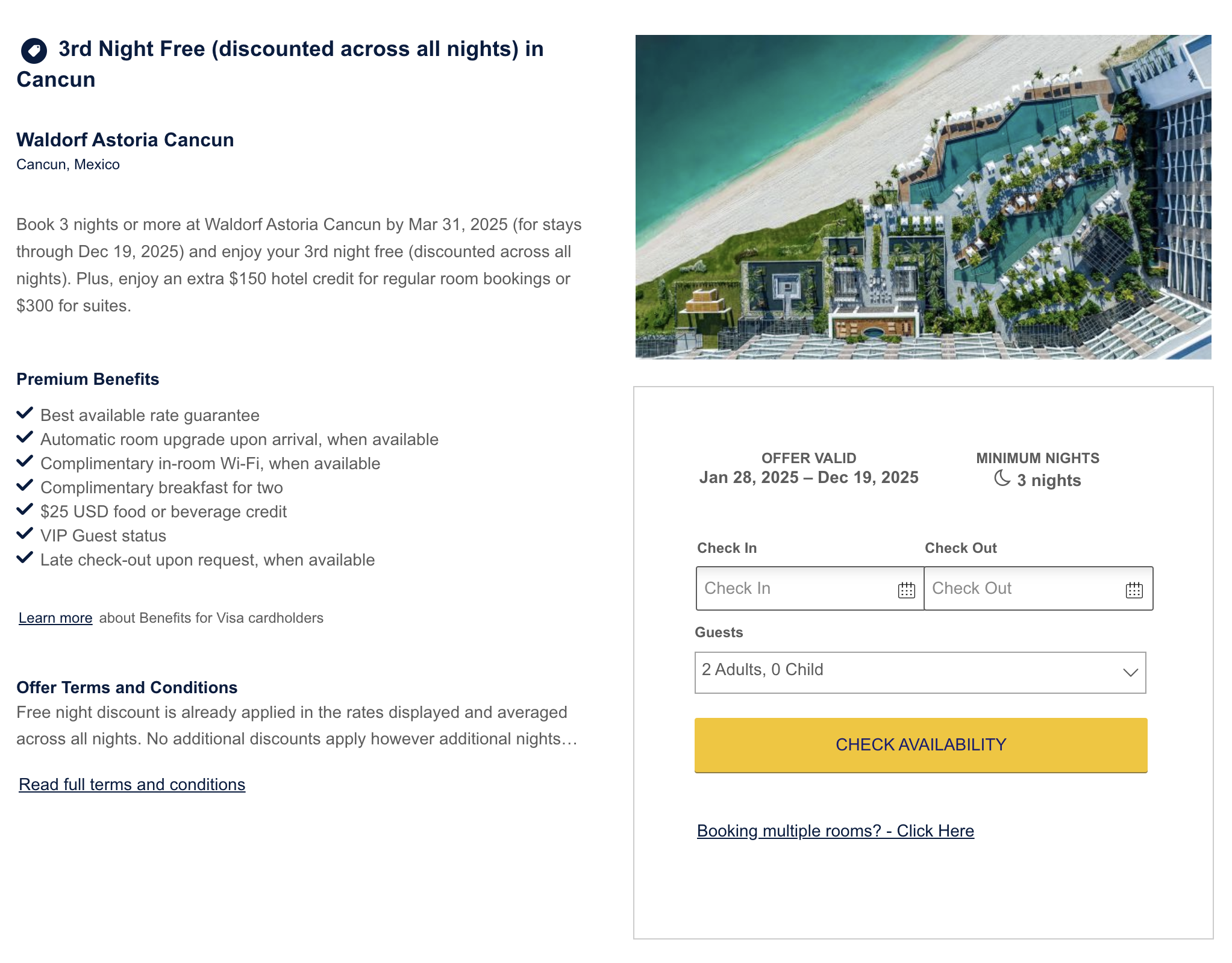 Visa Luxury Hotel Collection third night free promo Waldorf Astoria Cancun Visa Luxury Hotel Collection third night free promo Waldorf Astoria Riviera Maya