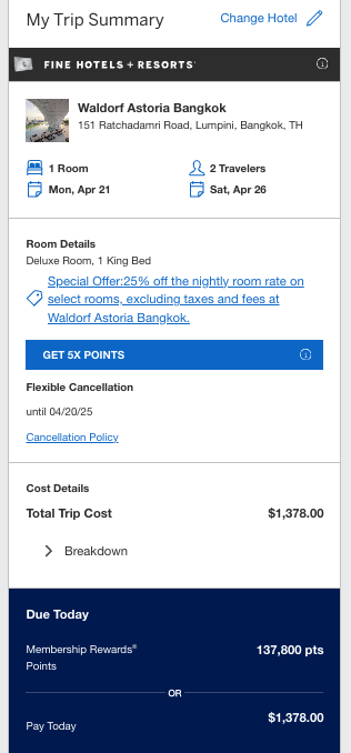 Waldorf Astoria Bangkok Amex Travel Itinerary