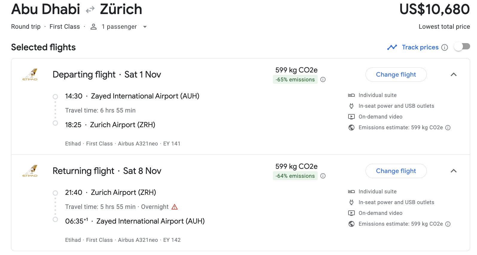 Abu Dhabi new first class fares