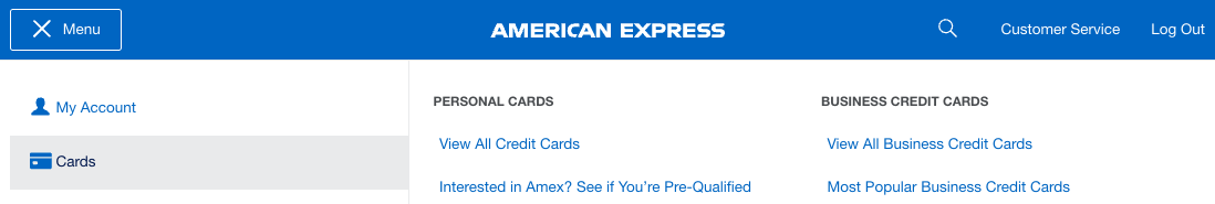Amex menu view all cards Amex menu view all cards