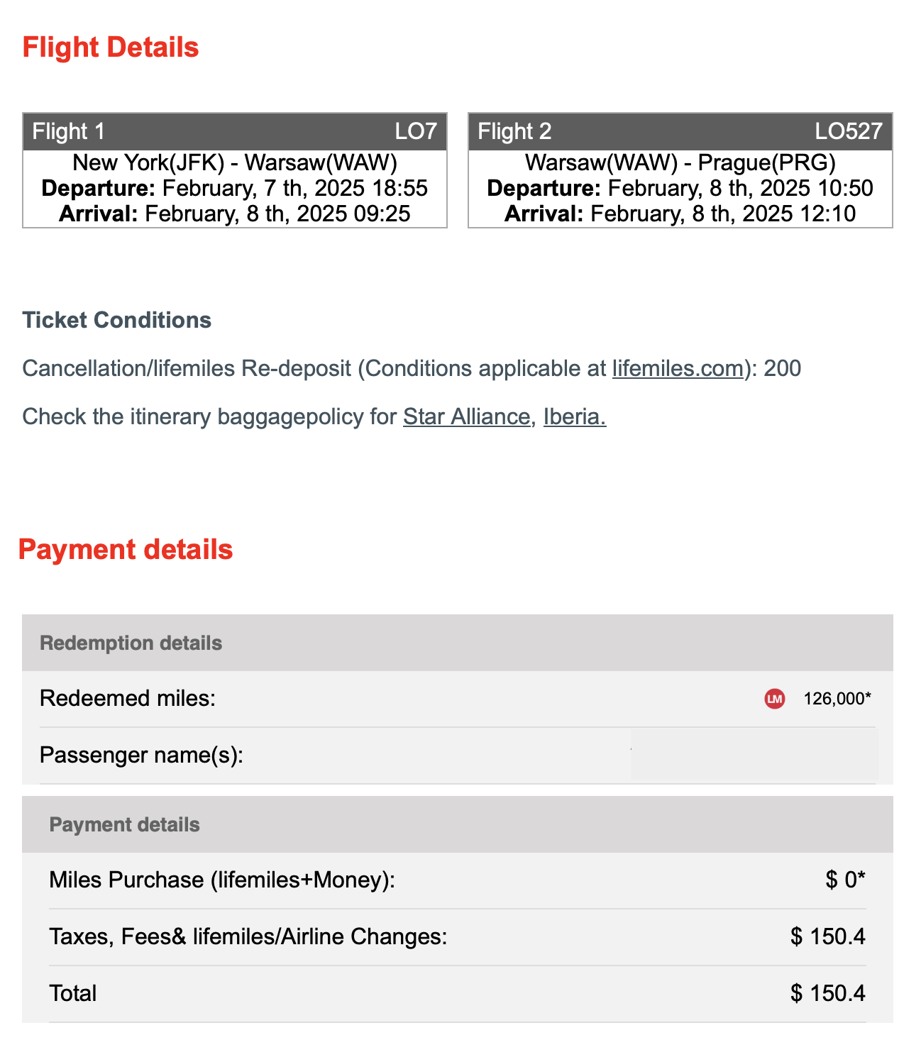 Avianca LifeMiles Confirmation With Flight Info