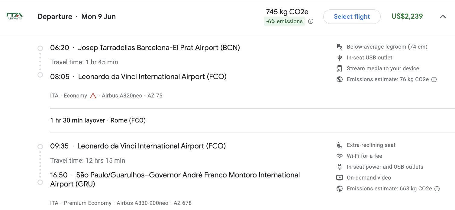 Barcelona to Sao Paulo with ITA premium fare Barcelona to Sao Paulo with ITA premium fare
