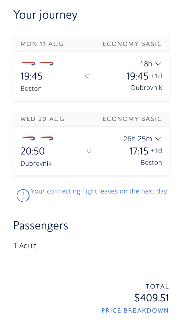 Boston to Dubvrovnik with BA cost