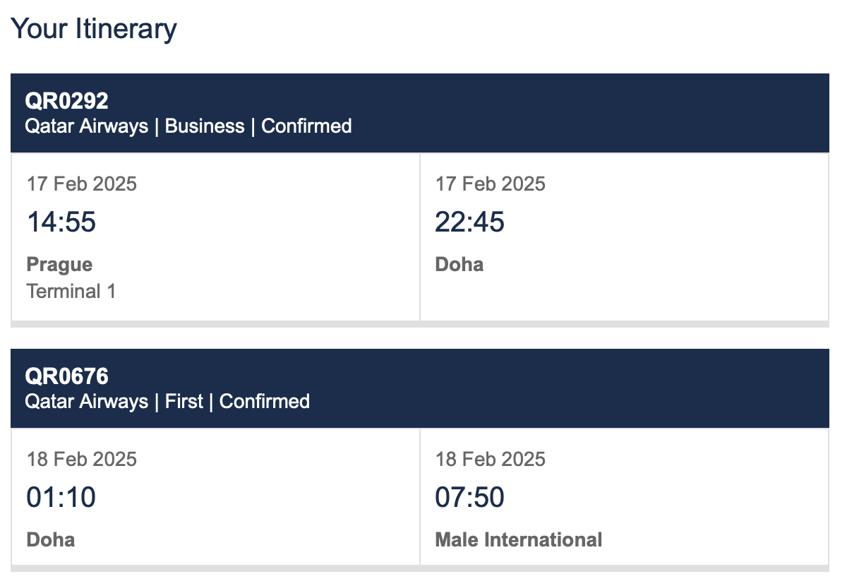 British Airways Award Flight Itinerary from Prague to Maldives