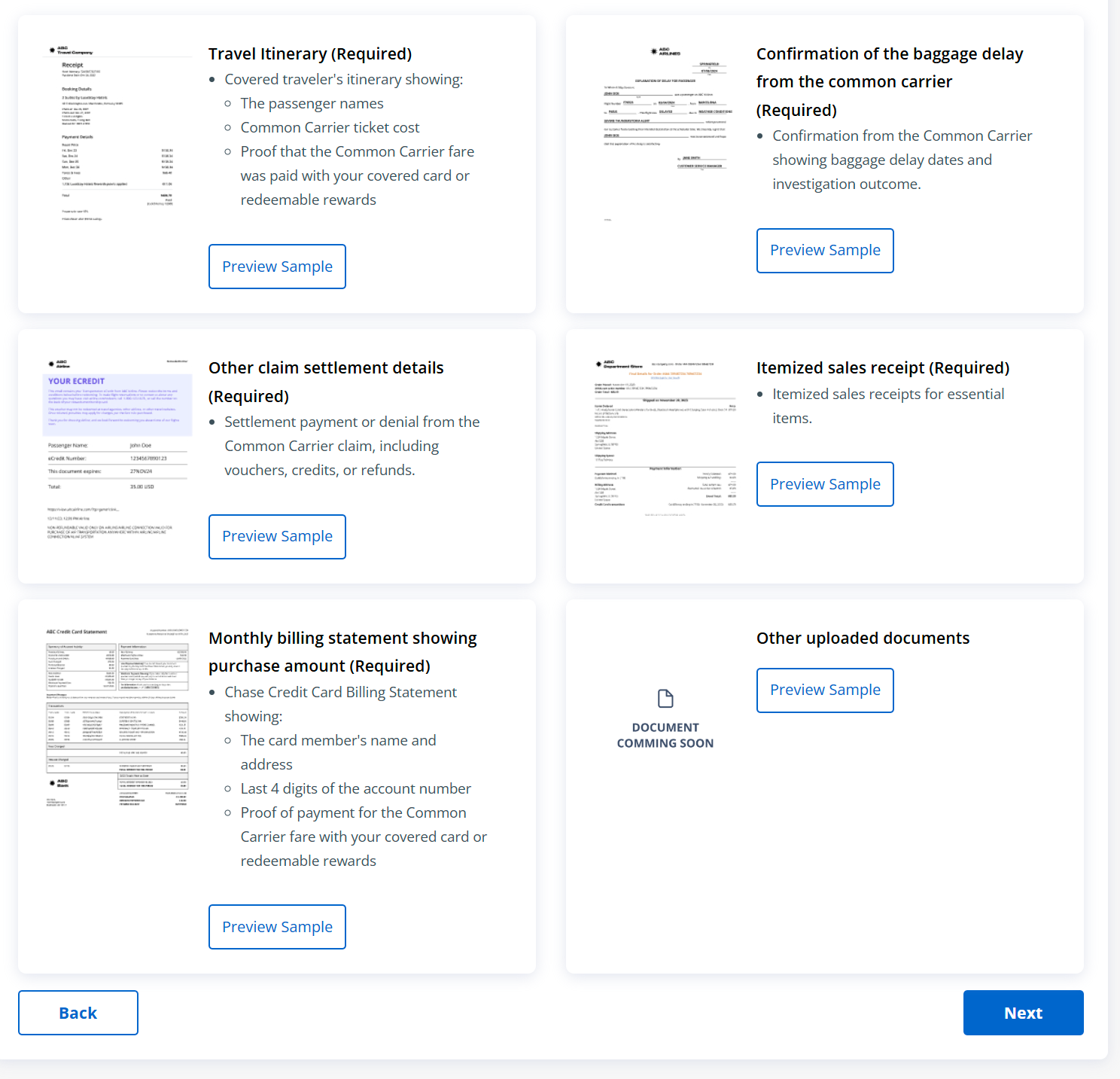 Chase claims dashboard baggage delay document screen Chase claims dashboard baggage delay document screen