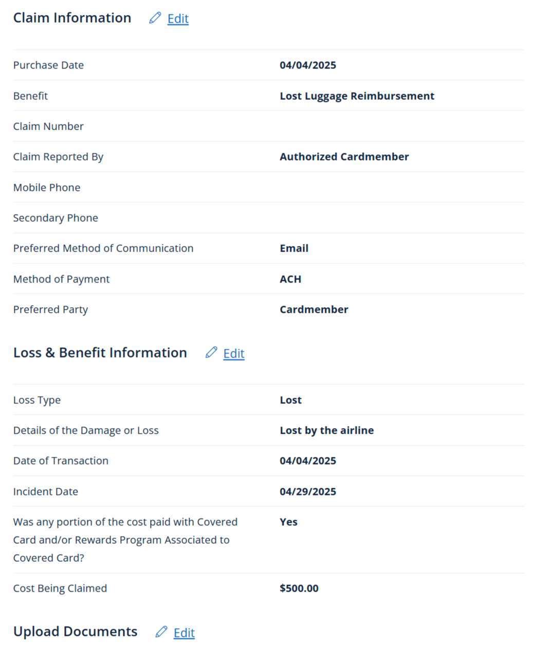 Chase claims dashboard lost luggage claim claim information confirm screen Chase claims dashboard lost luggage claim claim information confirm screen
