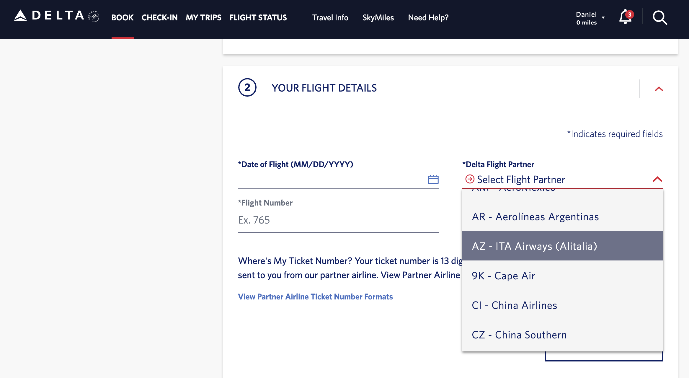 Claiming Delta Sky Miltes for ITA filghts