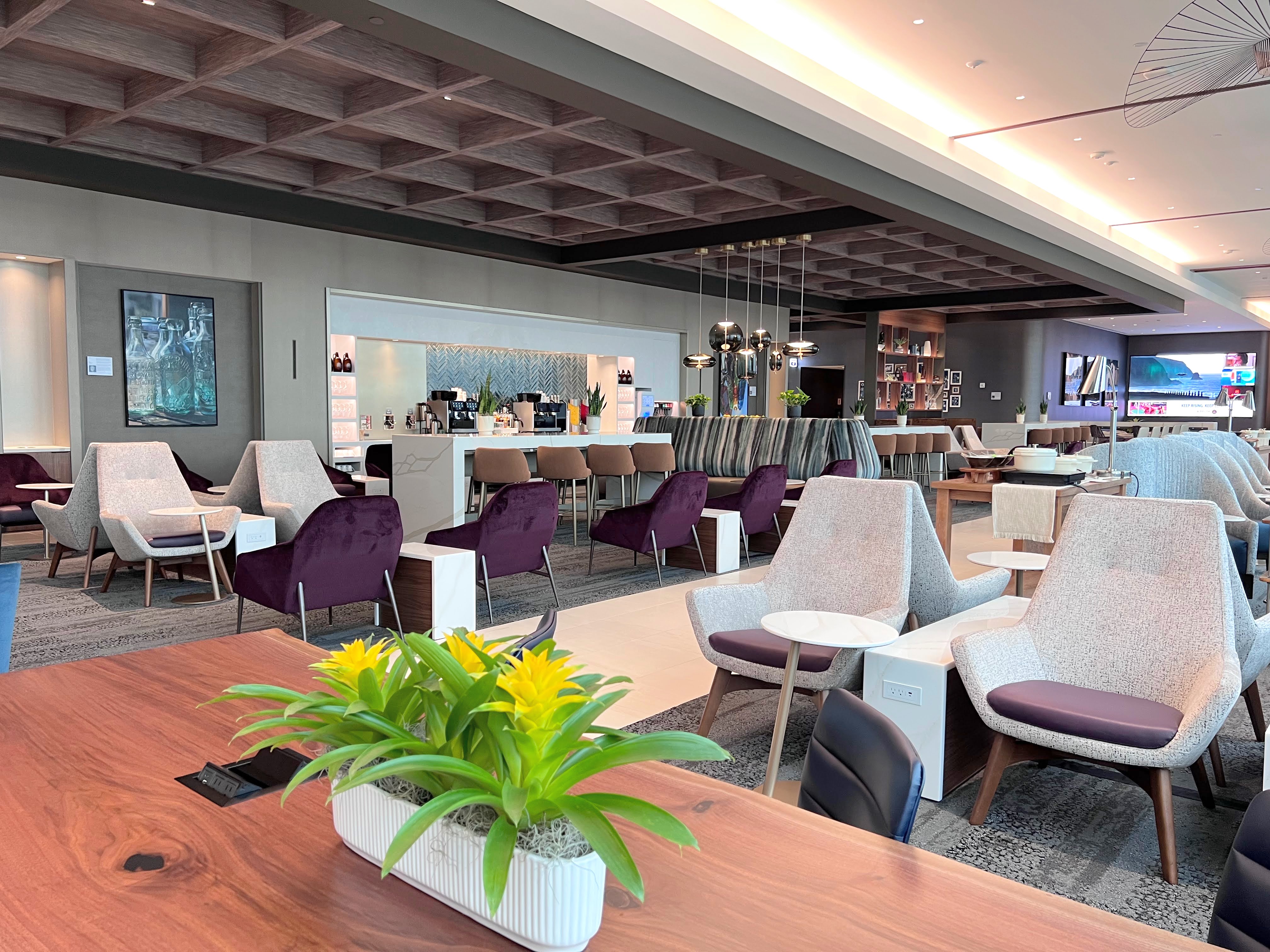 Delta Sky Club Atlanta coffered ceiling and seating