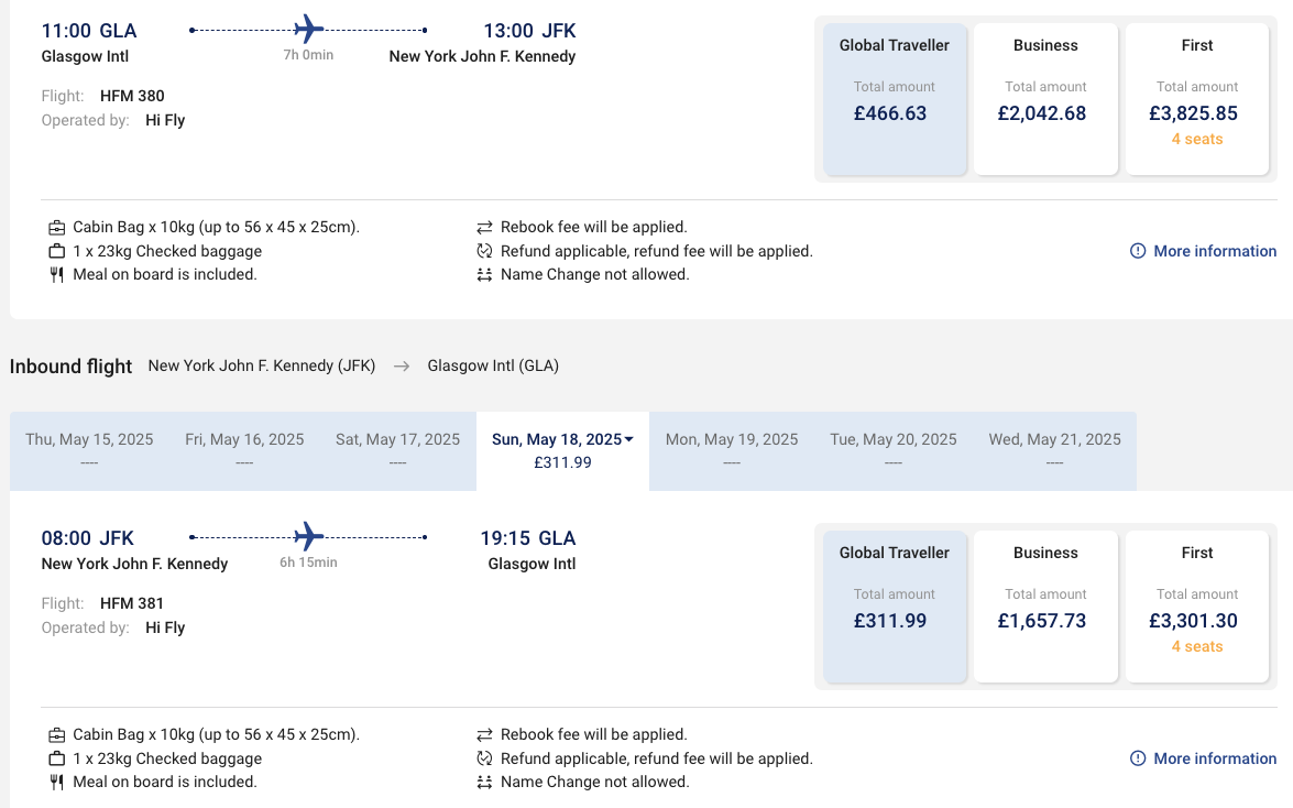 Global Airlines GLA JFK round trip price Global Airlines GLA JFK round trip price