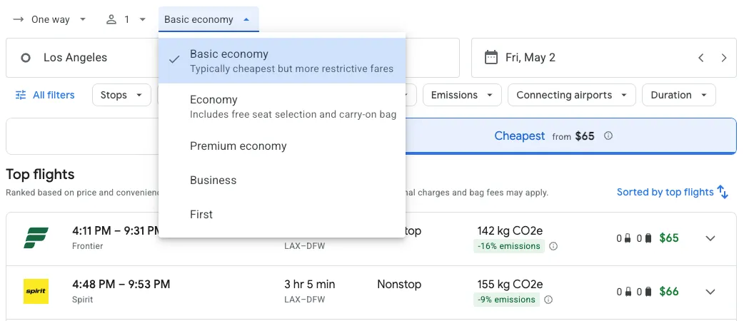 Google Flights Basic Economy