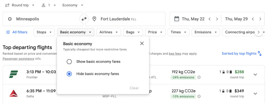 Google Flights No Basic Economy Filter Bar