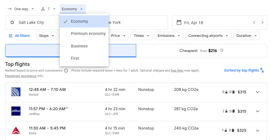 Google Flights No Basic Economy