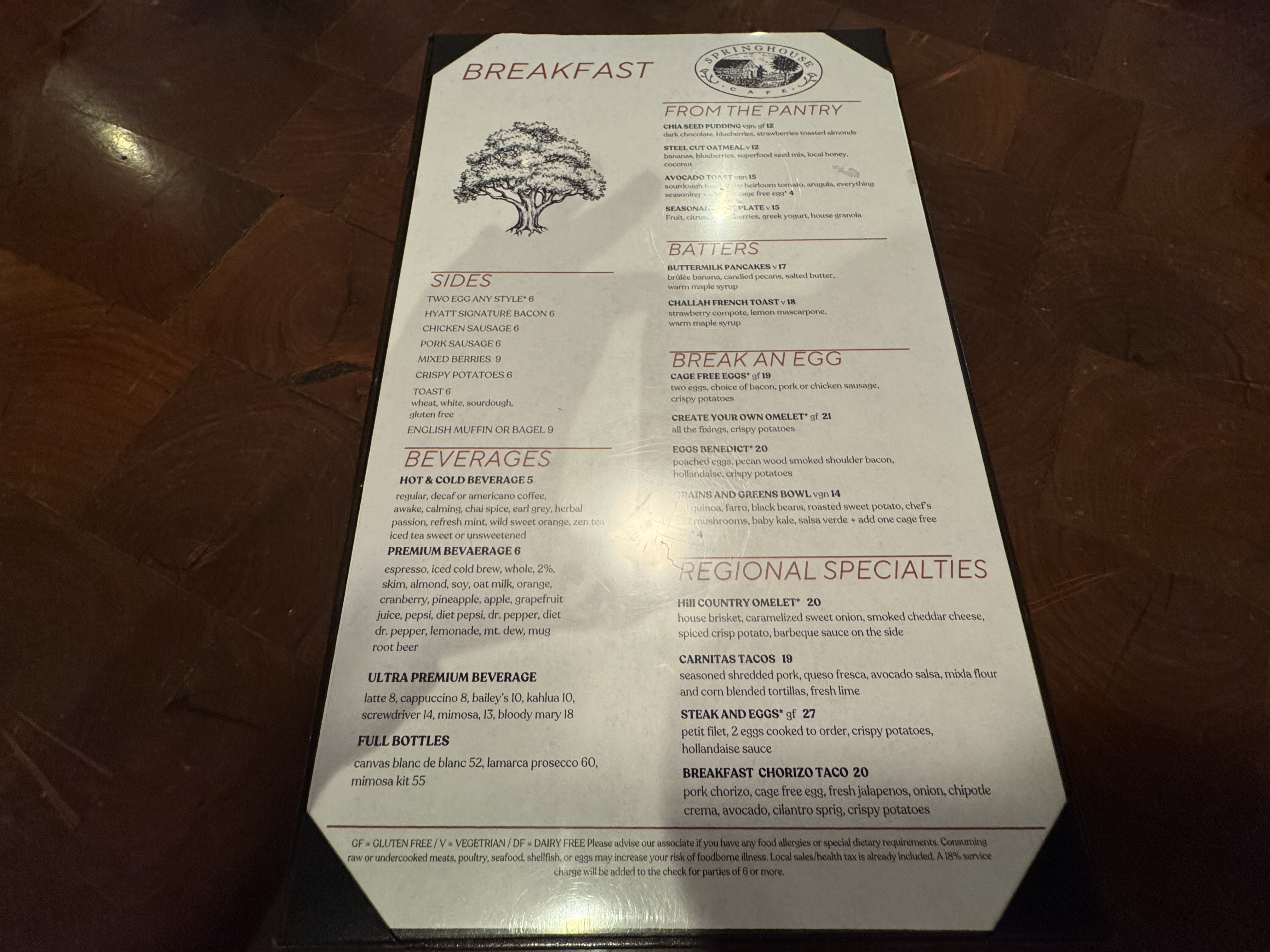 Hyatt Regency Hill Country Springhouse Cafe menu