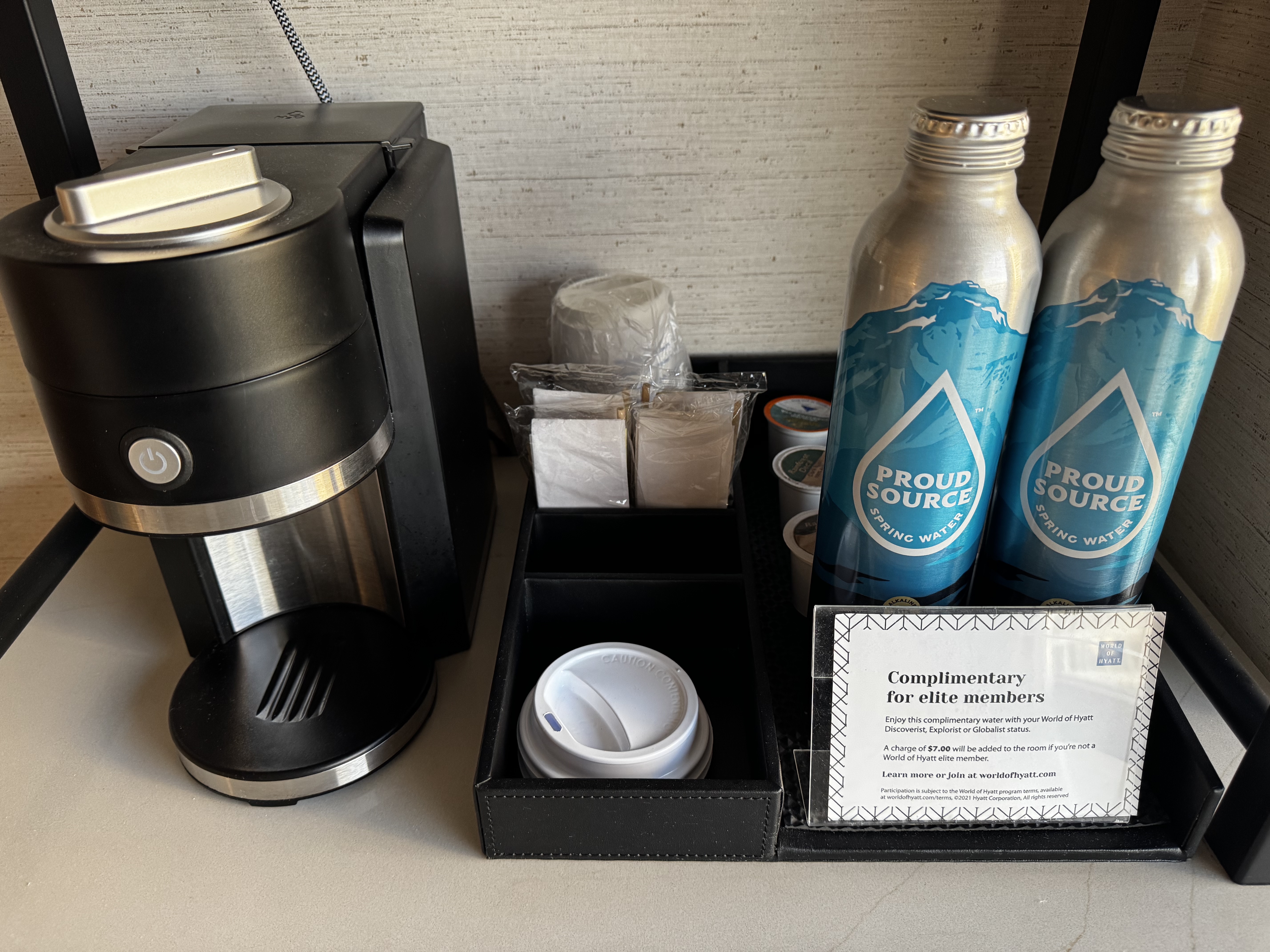 Hyatt Regency Irvine bedroom coffee water