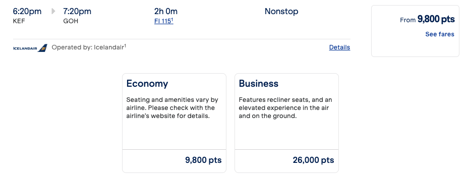 KEF to GOH JetBlue Award Ticket