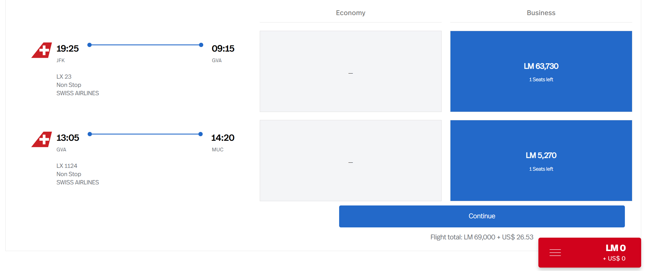 LifeMiles JFK GVA ZRH Redemption Swiss