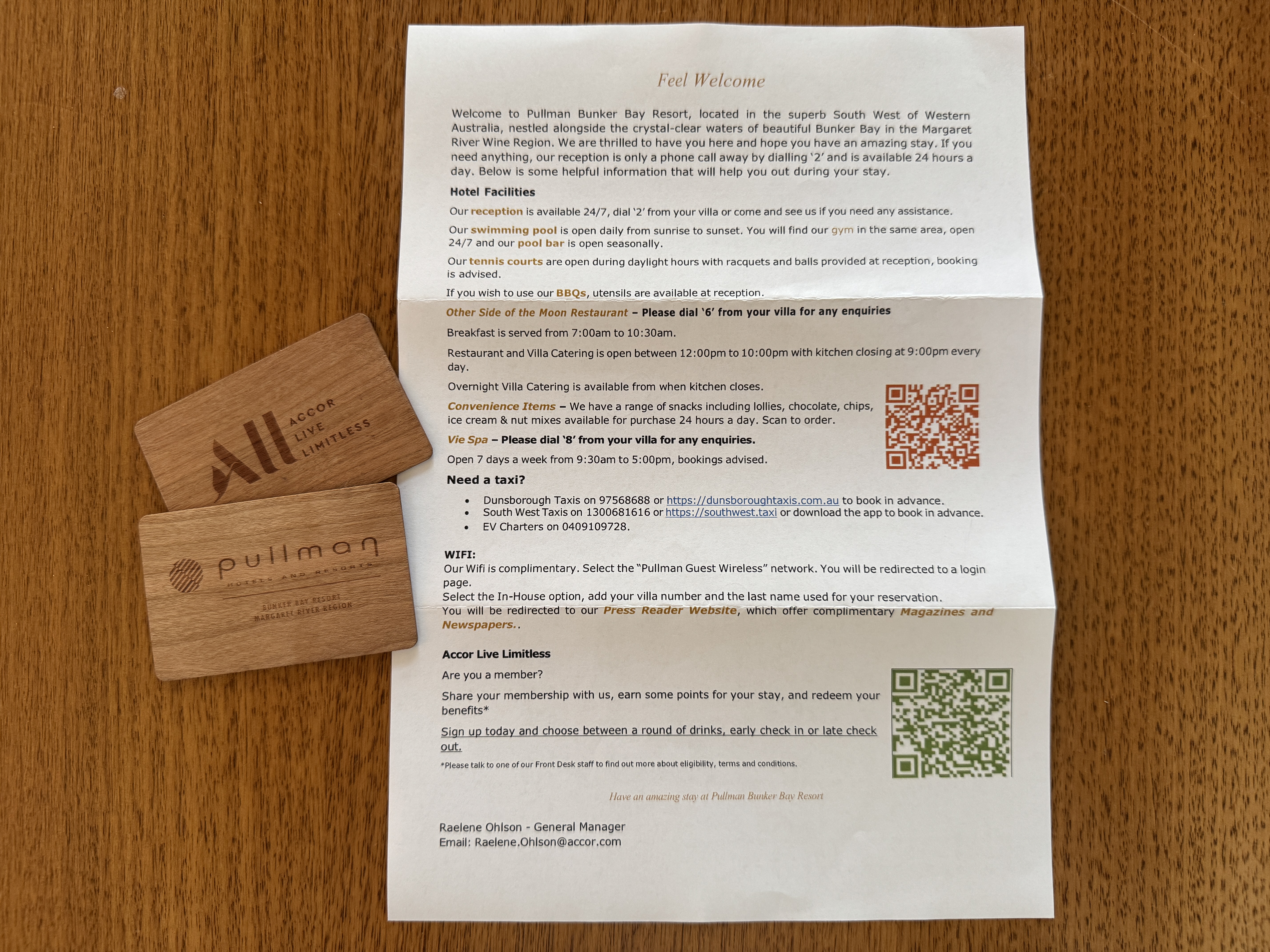 Pullman Bunker Bay Resort welcome letter keys Pullman Bunker Bay Resort welcome letter keys