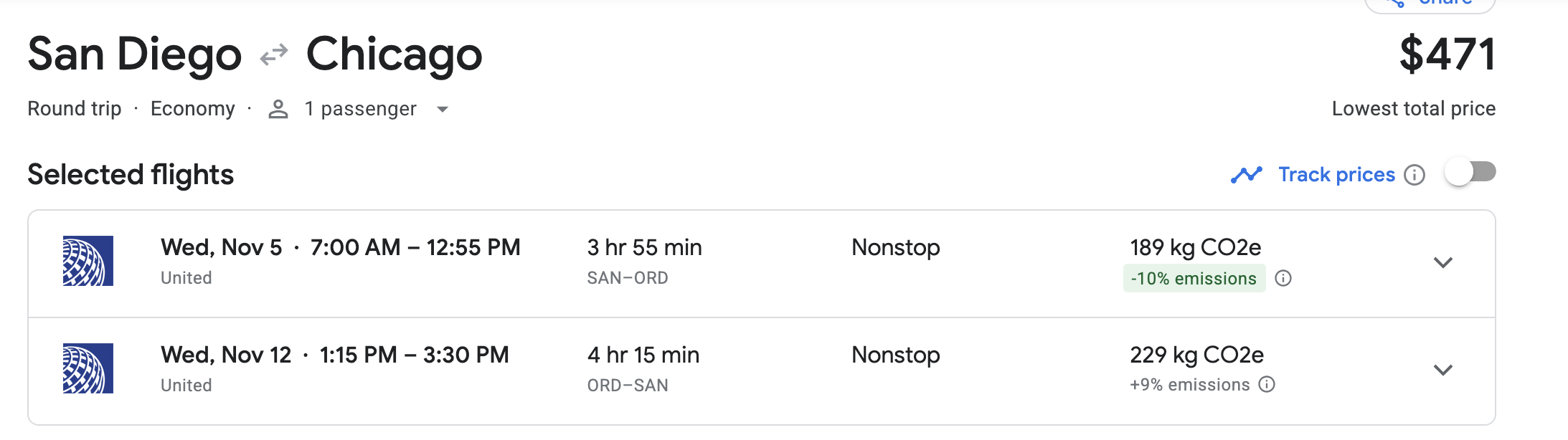 SAN ORD United cost
