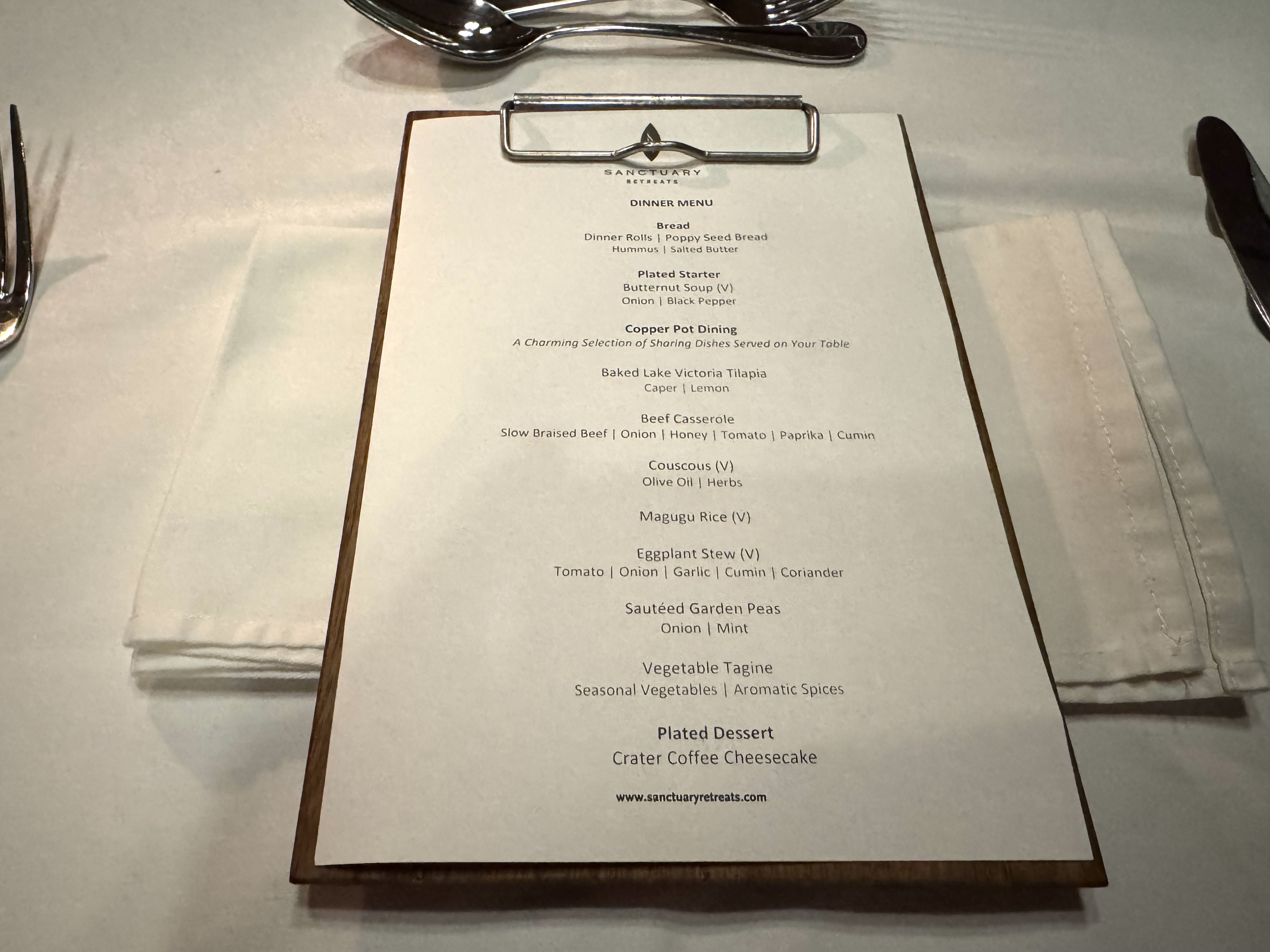 Sancturary Ngorongoro Camp dinner menu example