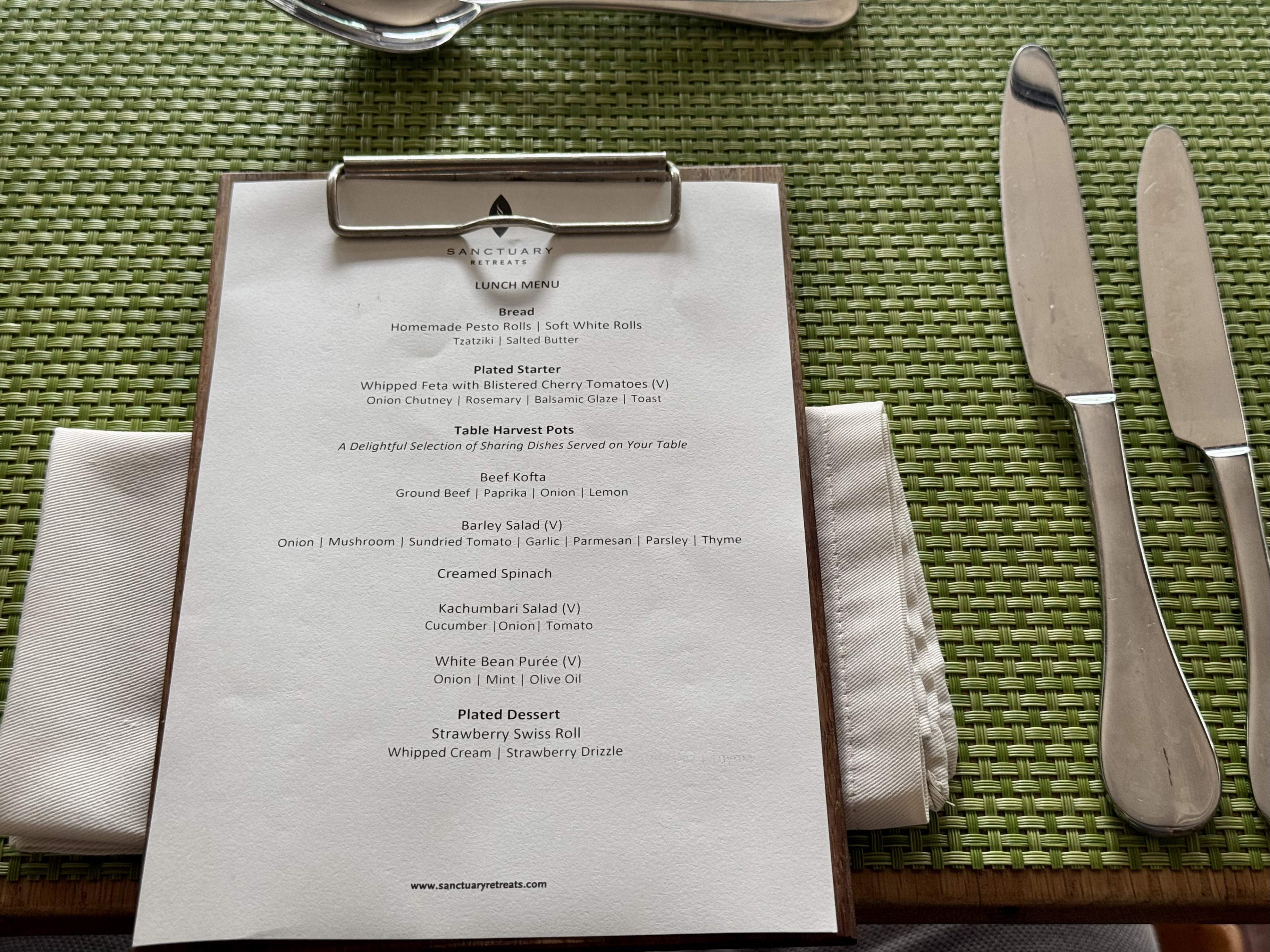 Sancturary Ngorongoro Camp lunch menu
