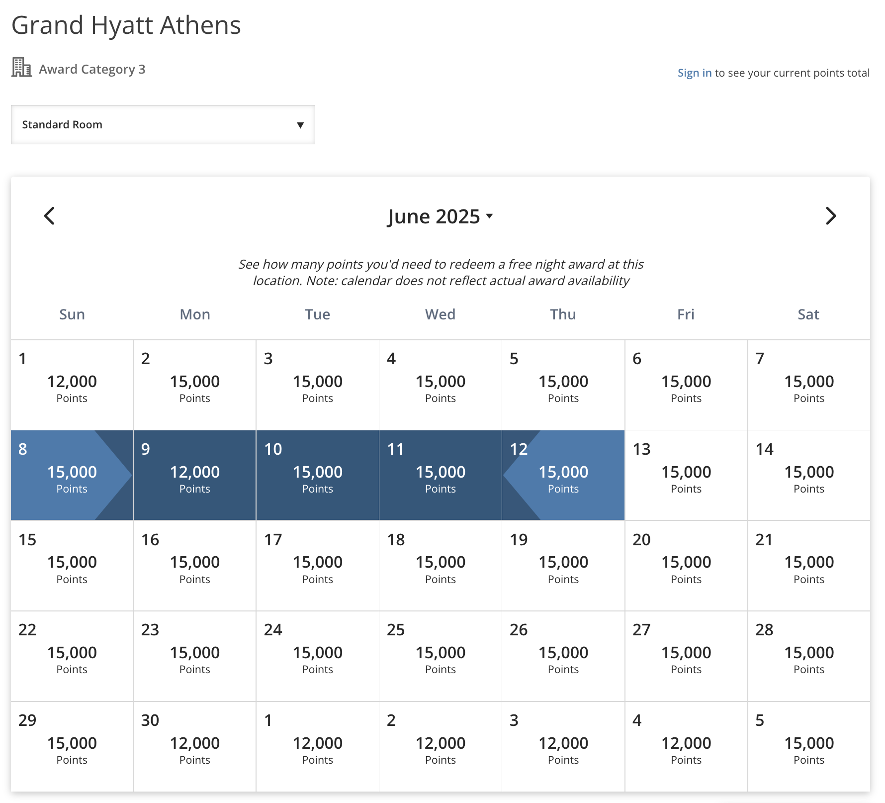 Hyatt Availability Calendar