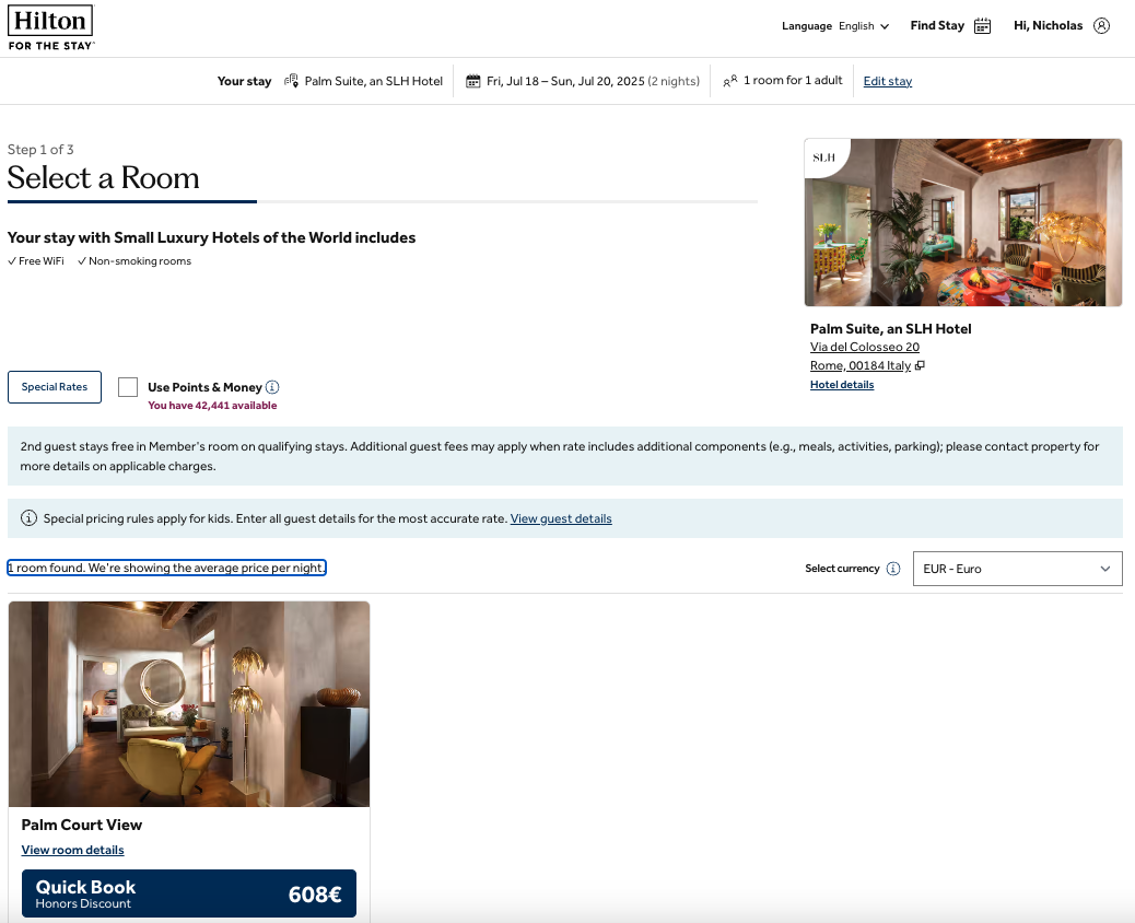 Palm Suite SLH Rome paid rates