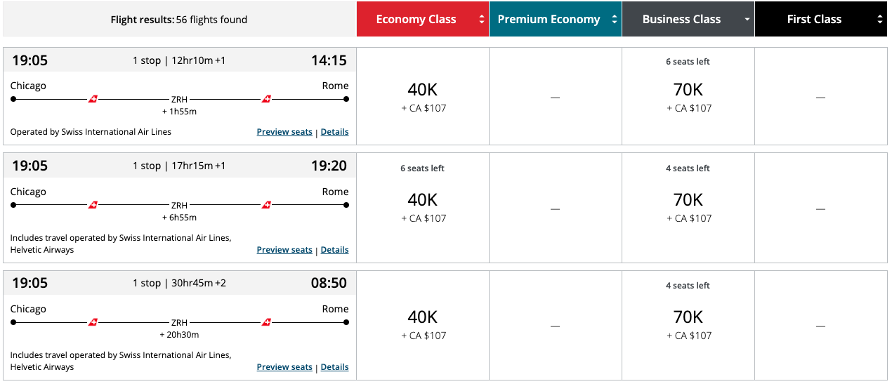 ORD ZRH FCO Aeroplan