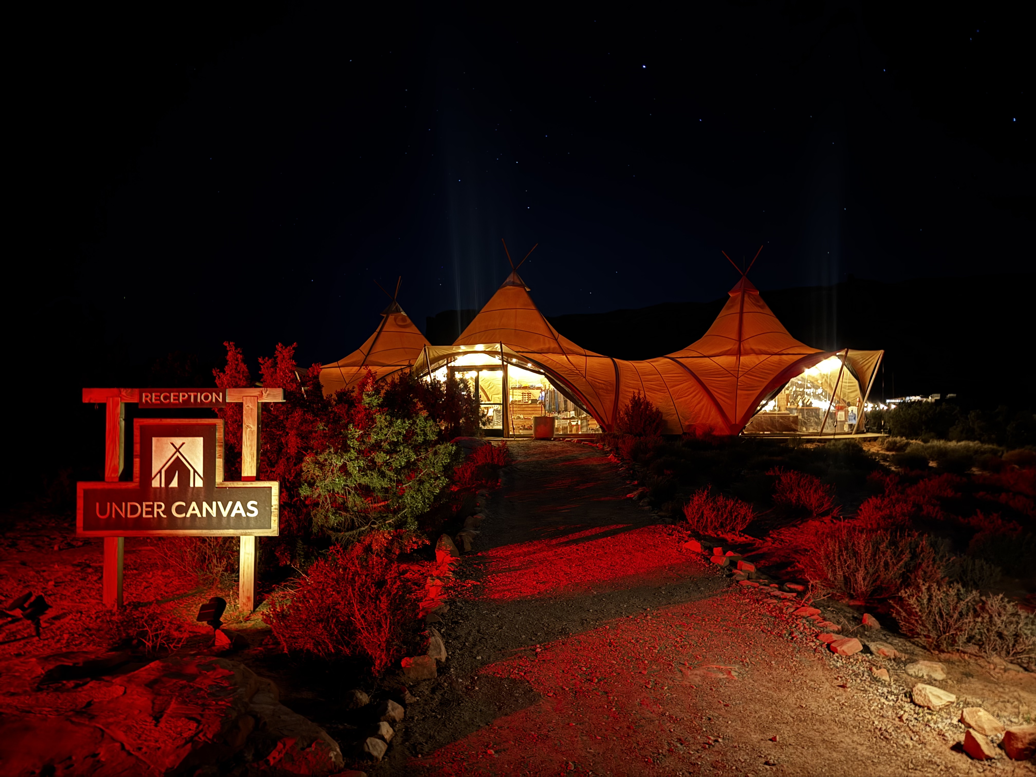 Under Canvas Moab reception at night