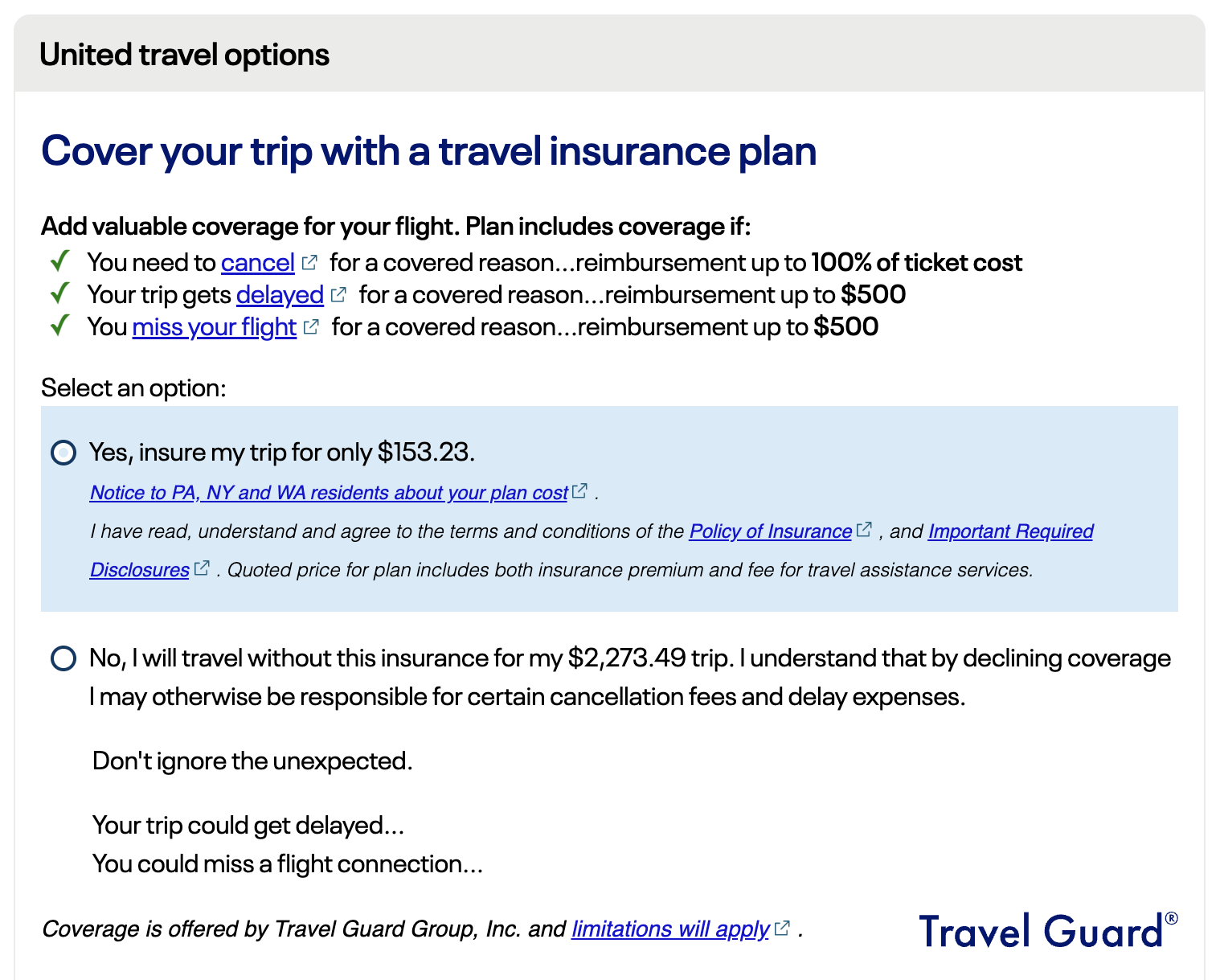 United travel insurance cost business EWR LAX United travel insurance cost business EWR LAX