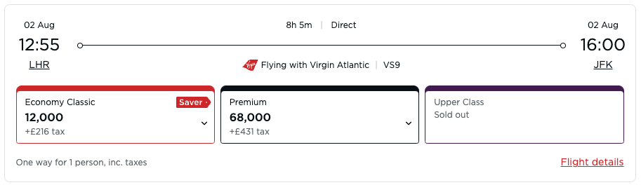 Virgin Atlantic Award Ticket From LHR to JFK Virgin Atlantic Award Ticket From LHR to JFK