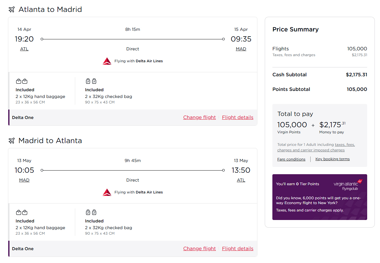 Virgin Atlantic Reward Seats ATL MAD ATL 2025 Virgin Atlantic Reward Seats ATL MAD ATL 2025