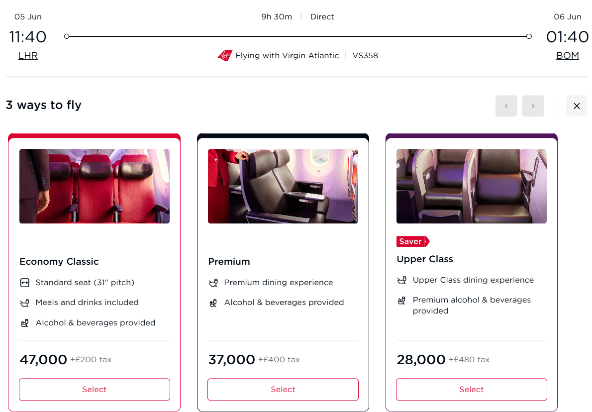 Virgin Atlantic award seat LHR BLR Virgin Atlantic award seat LHR BLR