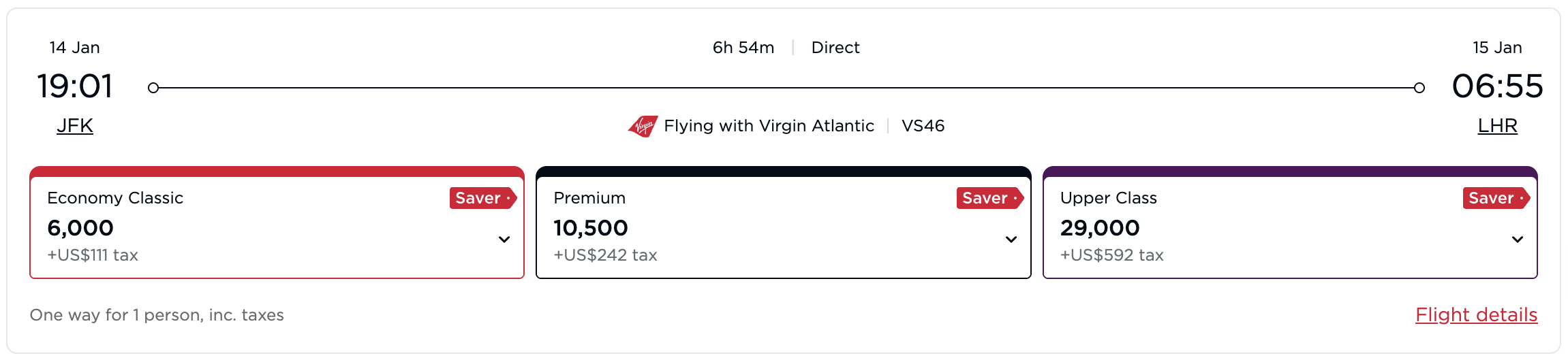 Virgin Upper Class Saver Price Virgin Atlantic saver award JFK LHR